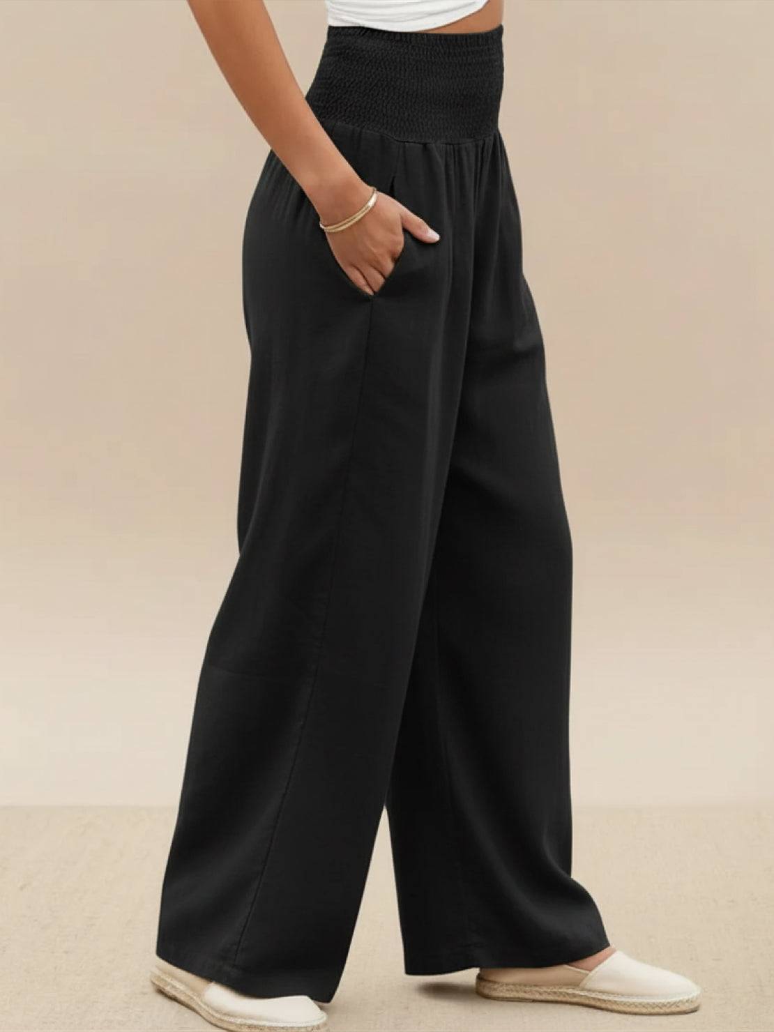 Dames Wide Leg Broek Hoge Taille met Smockdetail