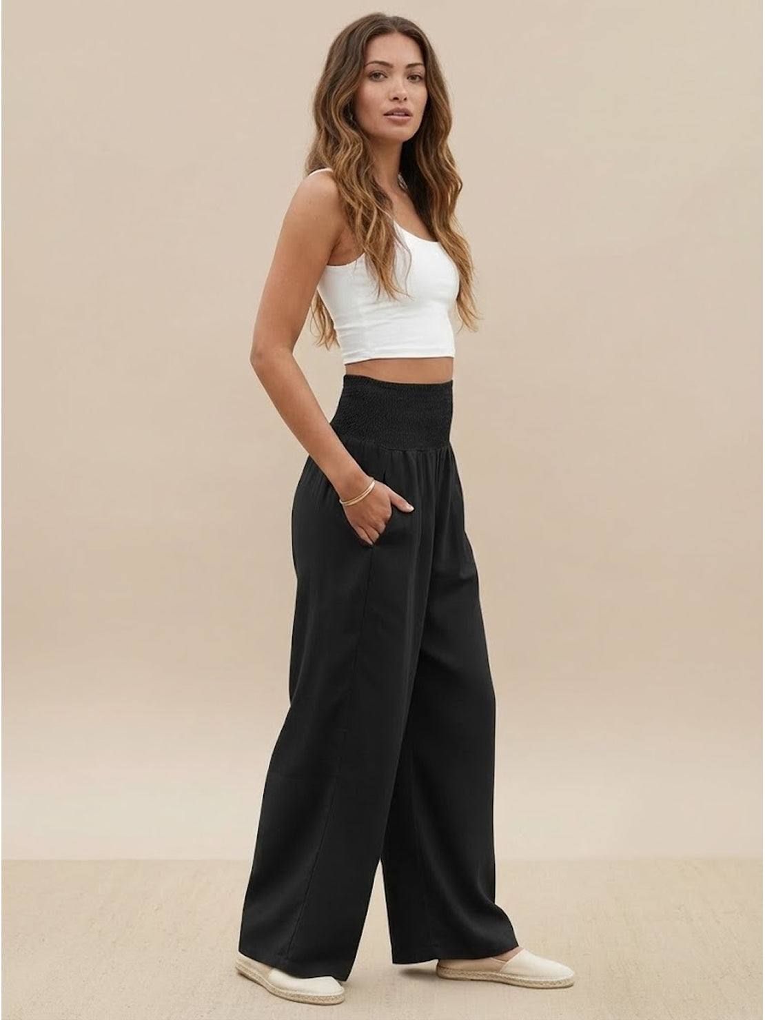 Dames Wide Leg Broek Hoge Taille met Smockdetail