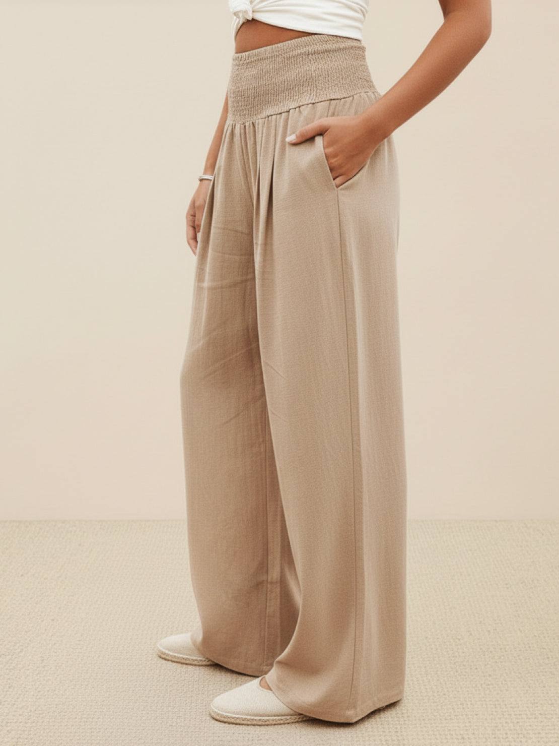 Dames Wide Leg Broek Hoge Taille met Smockdetail