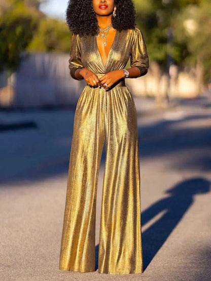 Dames Glanzende Jumpsuit met V-hals en Wijde Pijpen