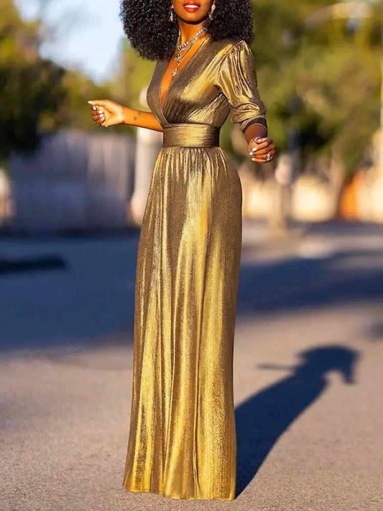 Dames Glanzende Jumpsuit met V-hals en Wijde Pijpen