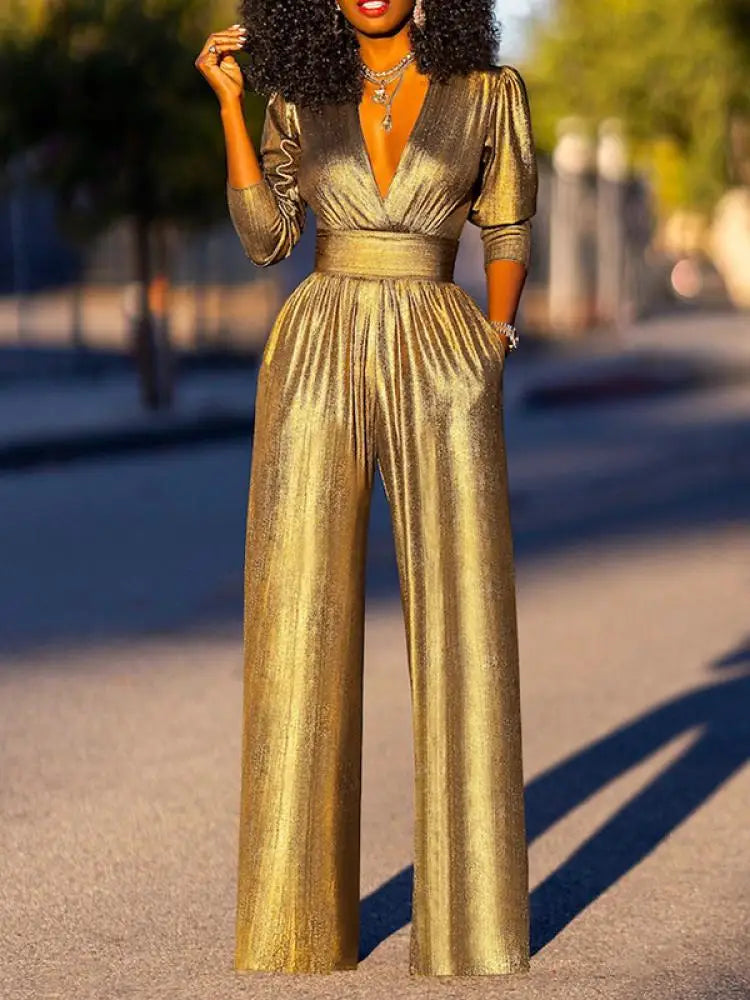 Dames Glanzende Jumpsuit met V-hals en Wijde Pijpen