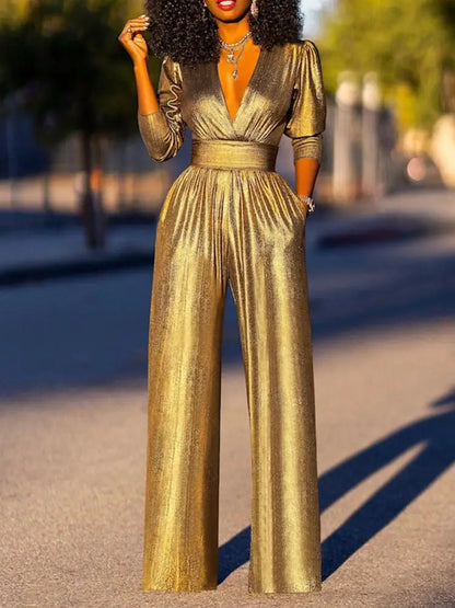 Dames Glanzende Jumpsuit met V-hals en Wijde Pijpen