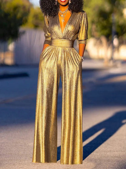 Dames Glanzende Jumpsuit met V-hals en Wijde Pijpen