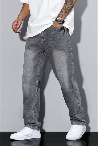 heren loose fit straight leg broek in gewassen grijs