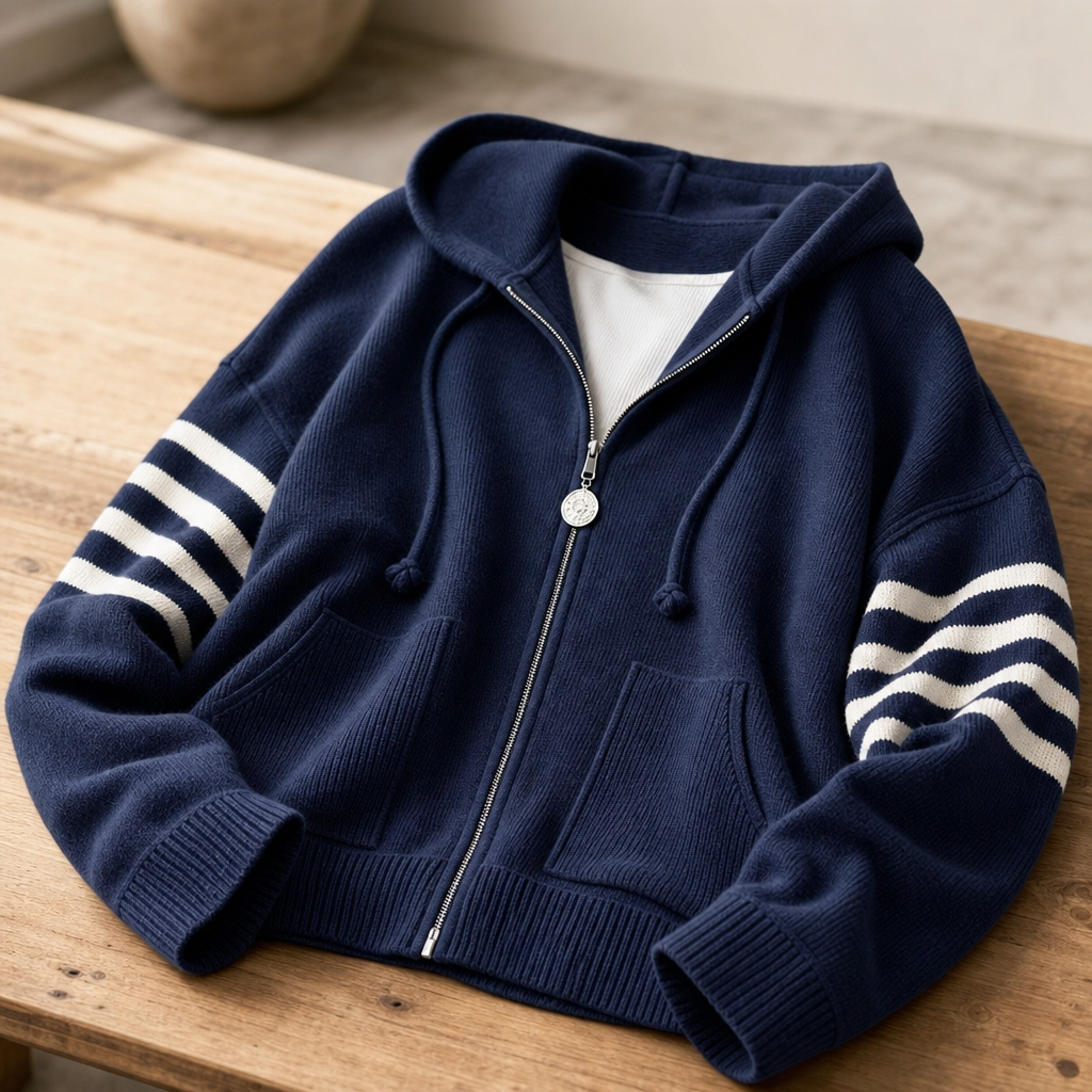 Dames Rits Hoodie Gebreide Trui met Drop-Shoulder en Gestreepte Mouw