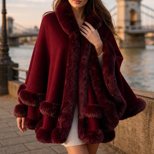 Dames Cape Coat met Bontrand en Capuchon - Gebreide Omslagjas