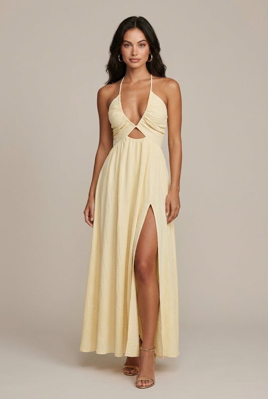 Dames Halter Midi Jurk met Cutout en Hoge Split