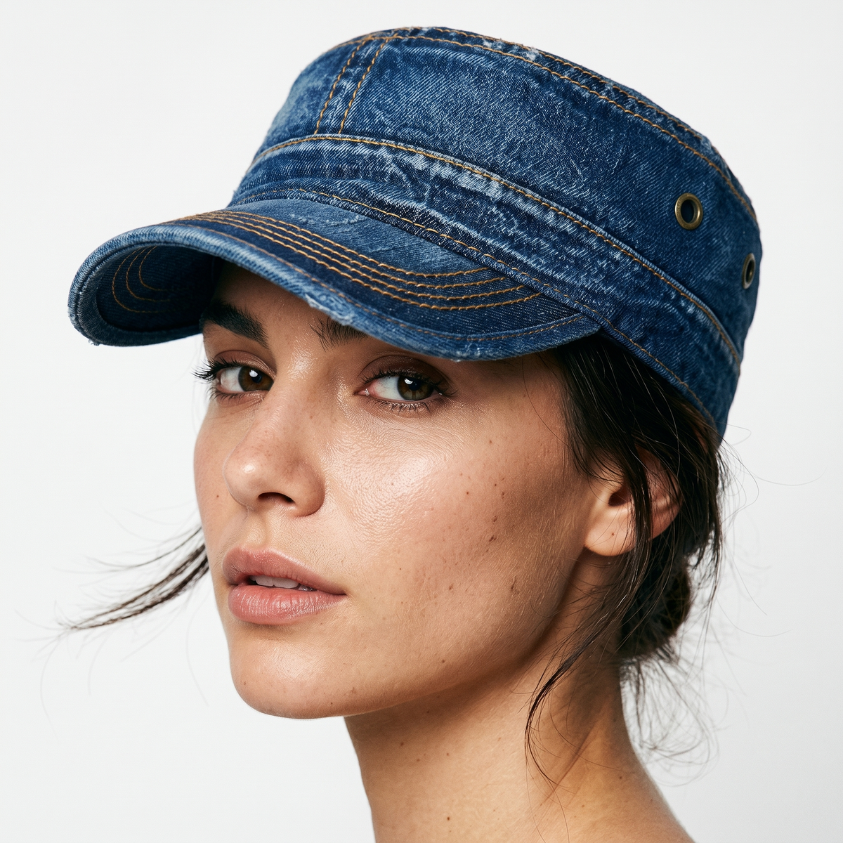 Unisex Denim Pet – Model met Geborduurde Stiksels