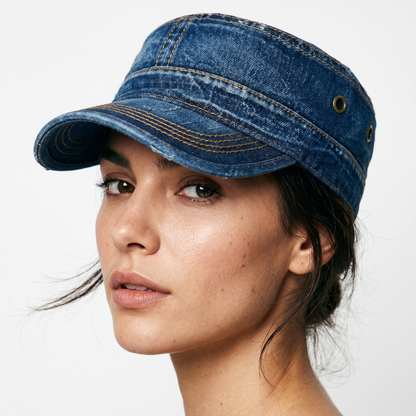 Unisex Denim Pet – Model met Geborduurde Stiksels