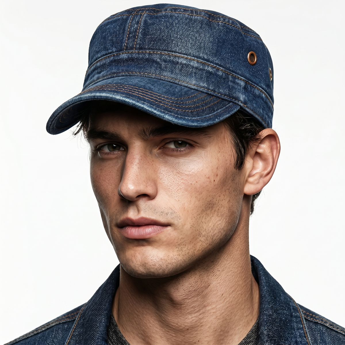 Unisex Denim Pet – Model met Geborduurde Stiksels