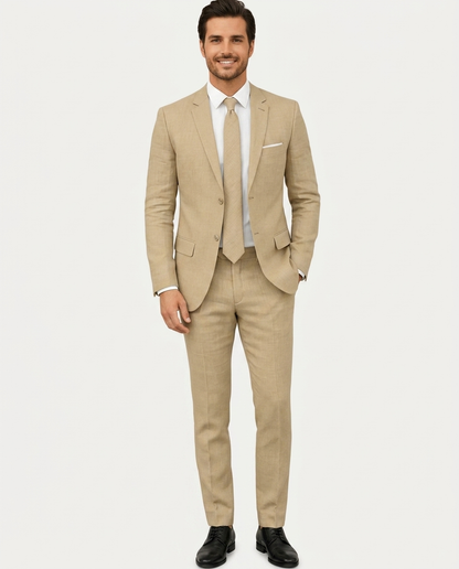 Heren Pak Slim Fit Linnen Colbert met Broek – Enkelrij Twee Knopen