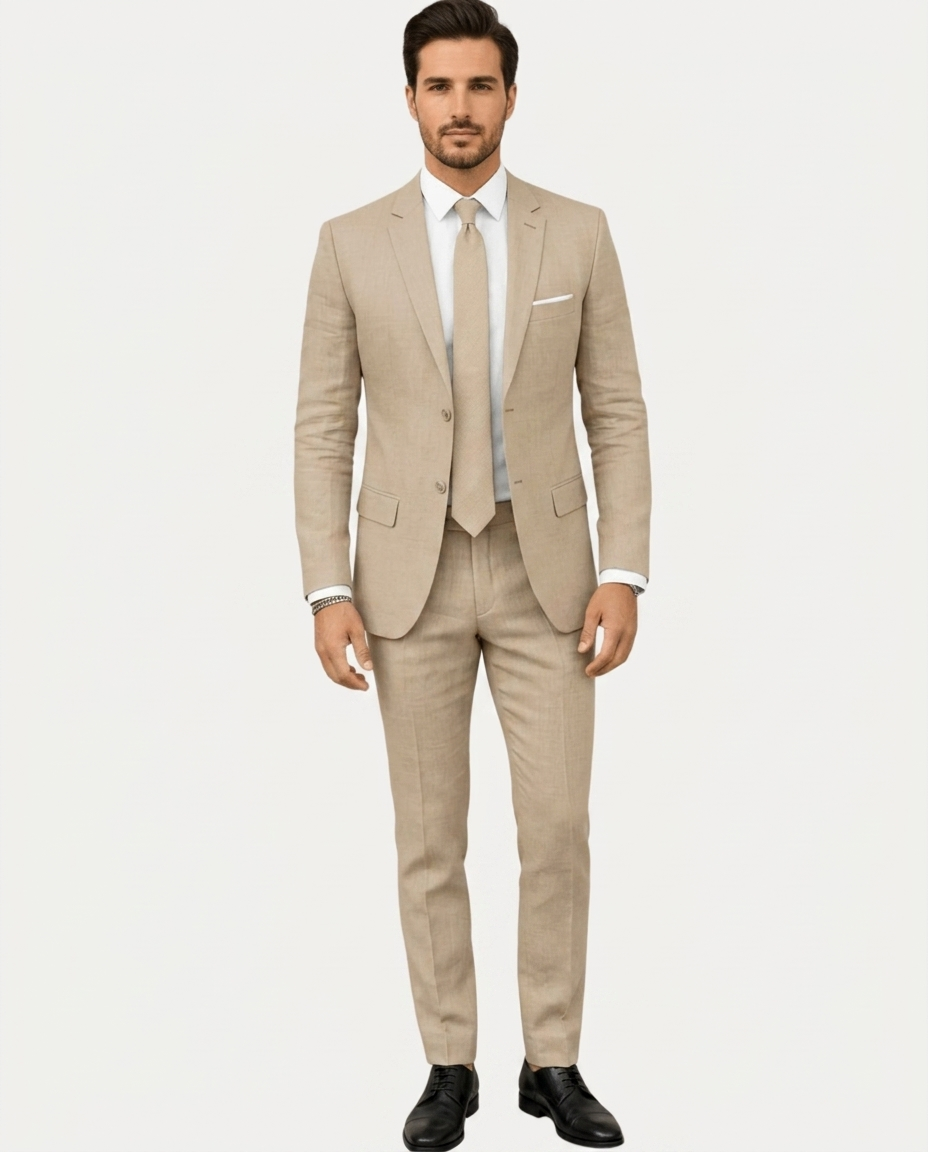 Heren Pak Slim Fit Linnen Colbert met Broek – Enkelrij Twee Knopen