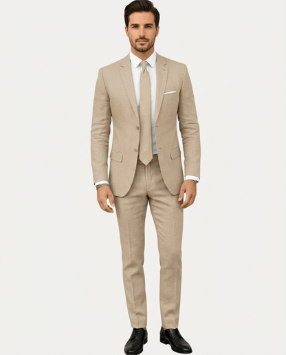 Heren Pak Slim Fit Linnen Colbert met Broek – Enkelrij Twee Knopen