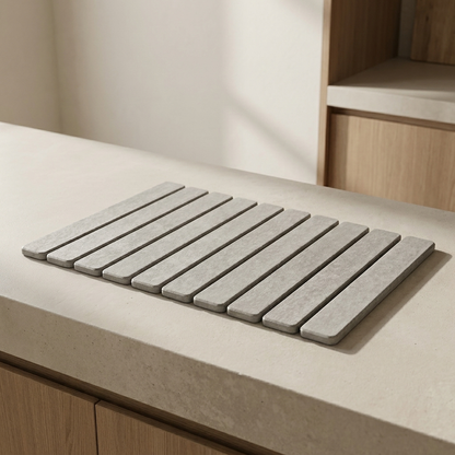 A rectangular gray slatted mat or tray with rounded corners, placed on a light beige countertop in a modern kitchen setting with wood cabinetry visible in the background.