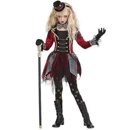 Girl wearing red ringmaster coat costume with striped skirt and star leggings