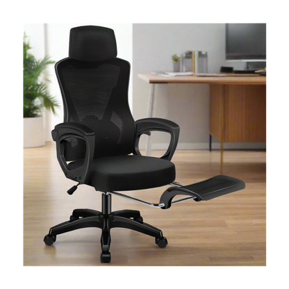 high-back mesh office chair with footrest and headrest in black