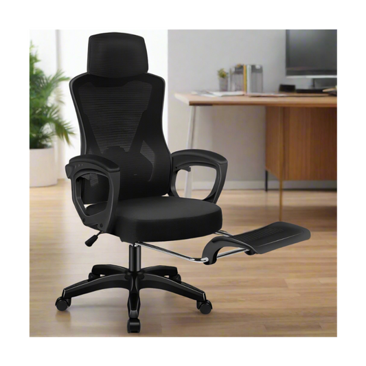 high-back mesh office chair with footrest and headrest in black