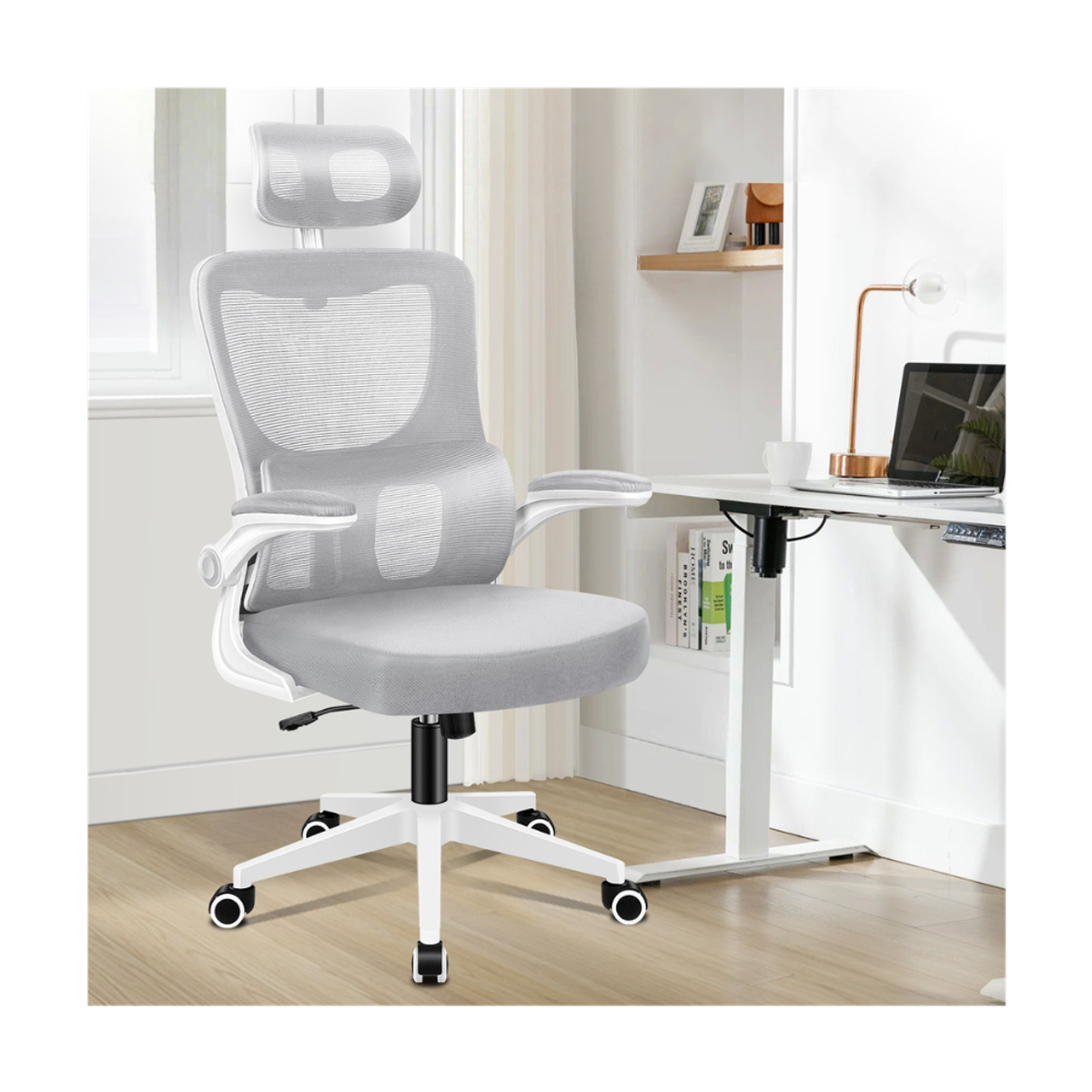 high-back mesh office chair with footrest and headrest in black