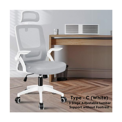 high-back mesh office chair with footrest and headrest in white