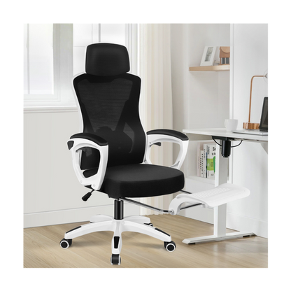 high-back mesh office chair with footrest and headrest in black & white