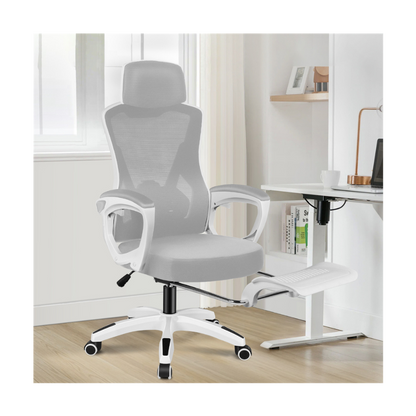 high-back mesh office chair with footrest and headrest in white
