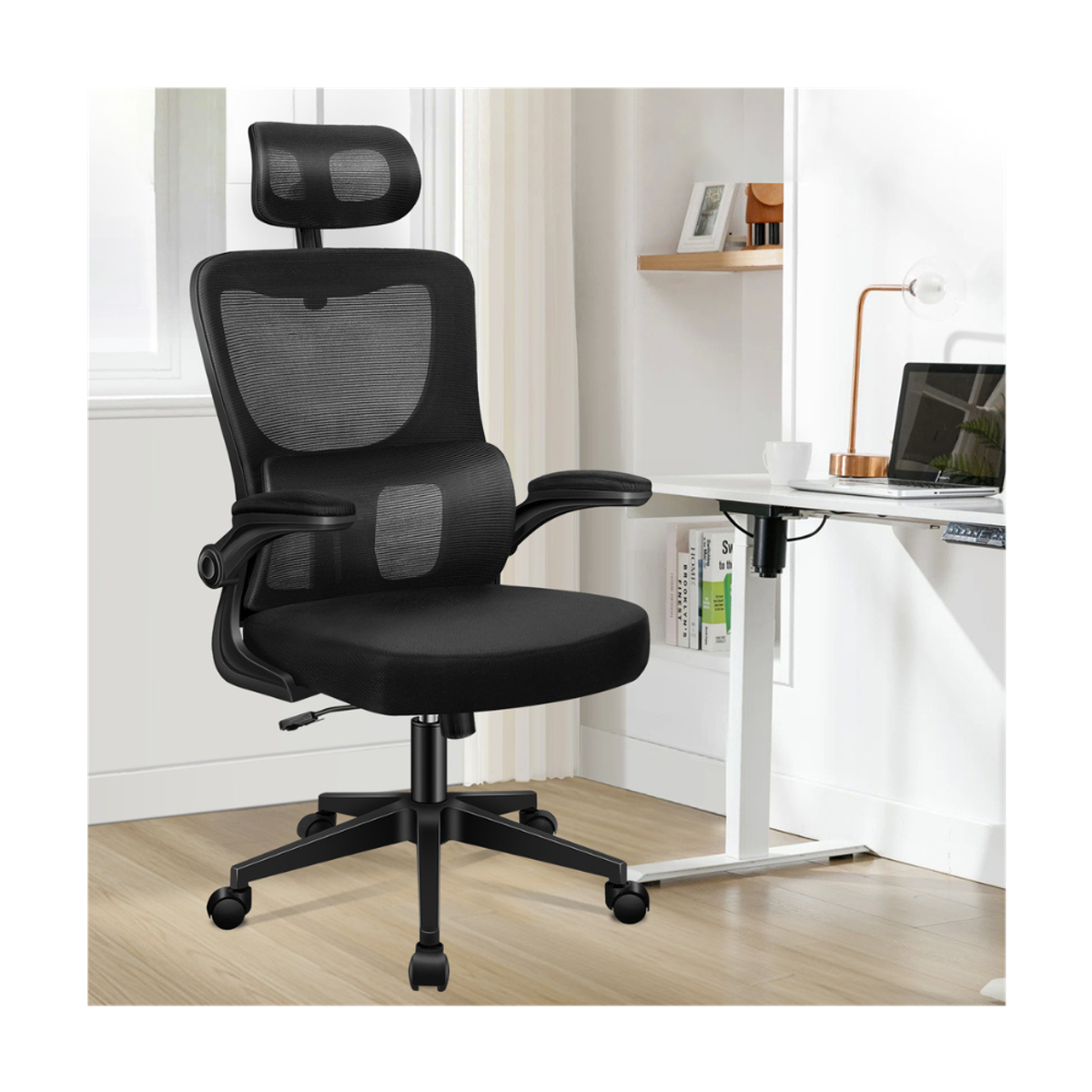 high-back mesh office chair with footrest and headrest in black