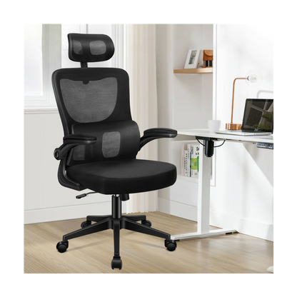 high-back mesh office chair with footrest and headrest in black