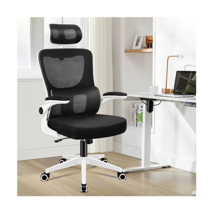 high-back mesh office chair with footrest and headrest in black & white