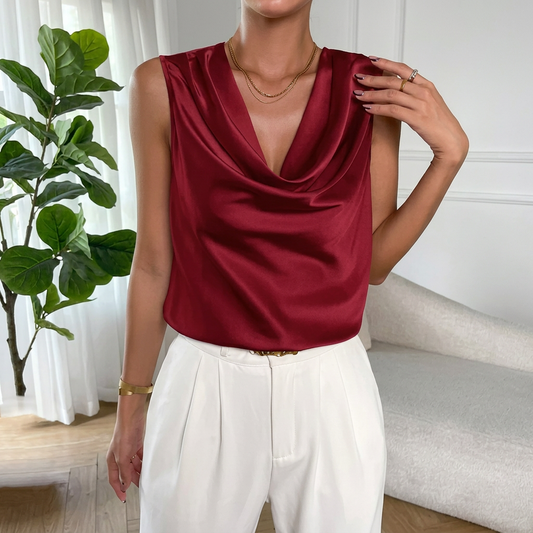 Top de satén para mujer, sin mangas, cuello cascada y corte fluido