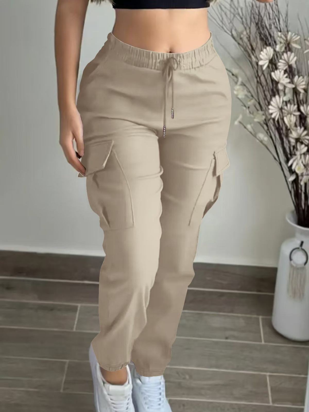 Damskie spodnie cargo z wysokim stanem – z kieszeniami cargo, casualowy streetwear