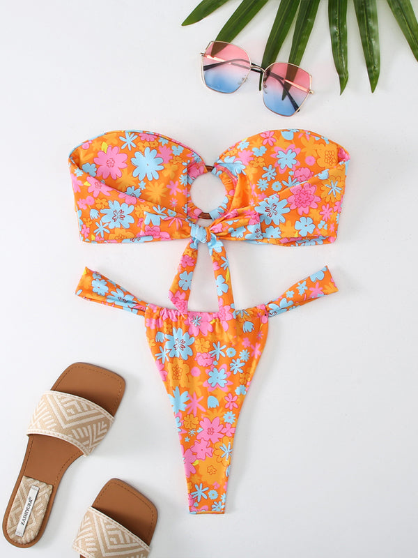 Luna - Bloemrijke Bandeau Bikini met Ruitpatroon
