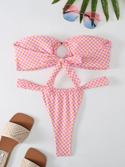 Luna - Bloemrijke Bandeau Bikini met Ruitpatroon