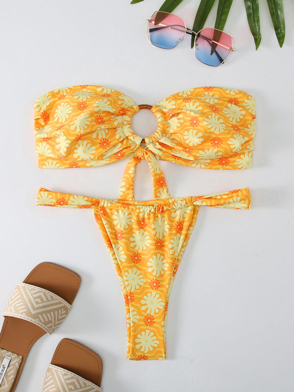 Luna - Bloemrijke Bandeau Bikini met Ruitpatroon
