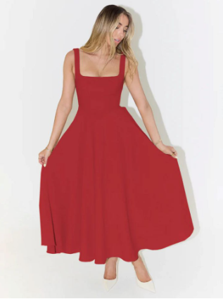 Sophie - Midi-jurk met Vierkante Hals en Hoge Taille