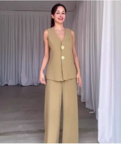 Dames Getailleerd Gilet en Wijde Pantalon Set – Casual voor Lente en Zomer, Geschikt voor Dagelijks Gebruik