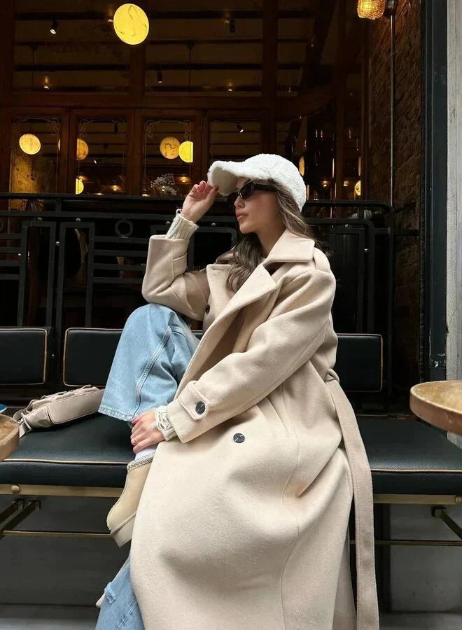 Dames Lange Coat Double-Breasted met Notch Revers