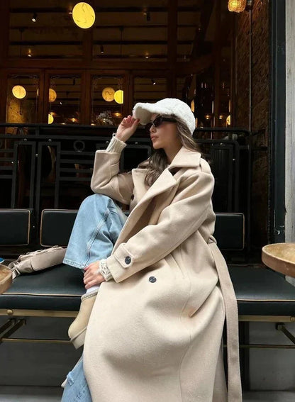Dames Lange Coat Double-Breasted met Notch Revers