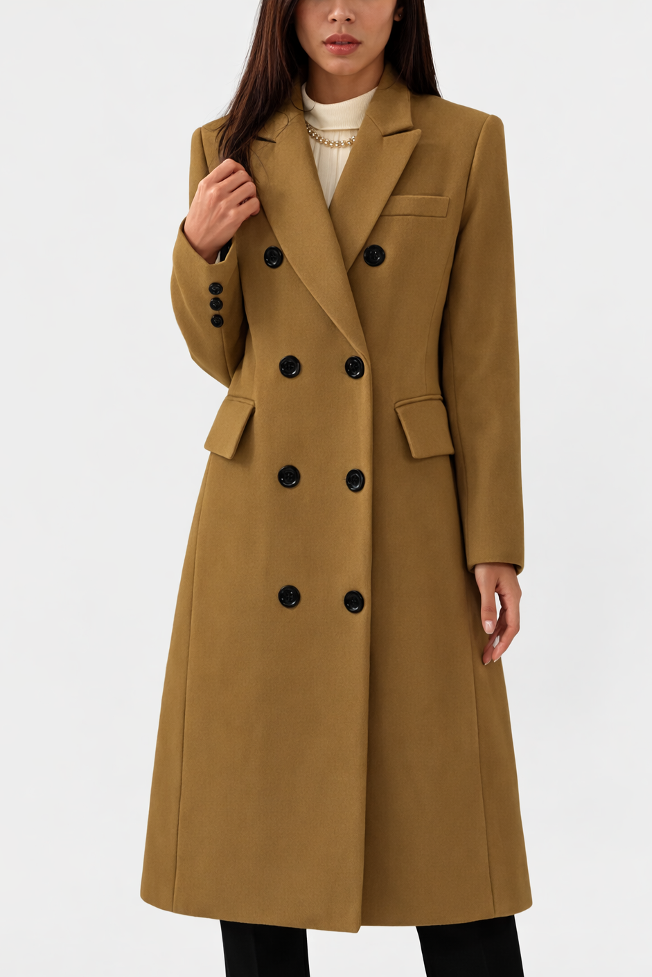 Dames Lange Coat Dubbelrij Knopen met Reverskraag