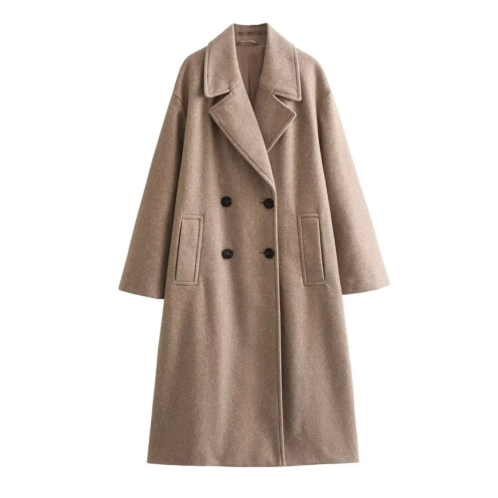 Dames Lange Coat Double-Breasted met Notch Revers