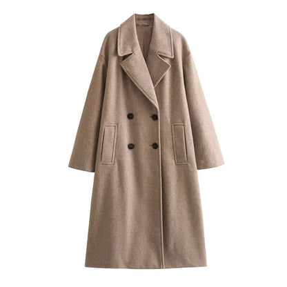Dames Lange Coat Double-Breasted met Notch Revers