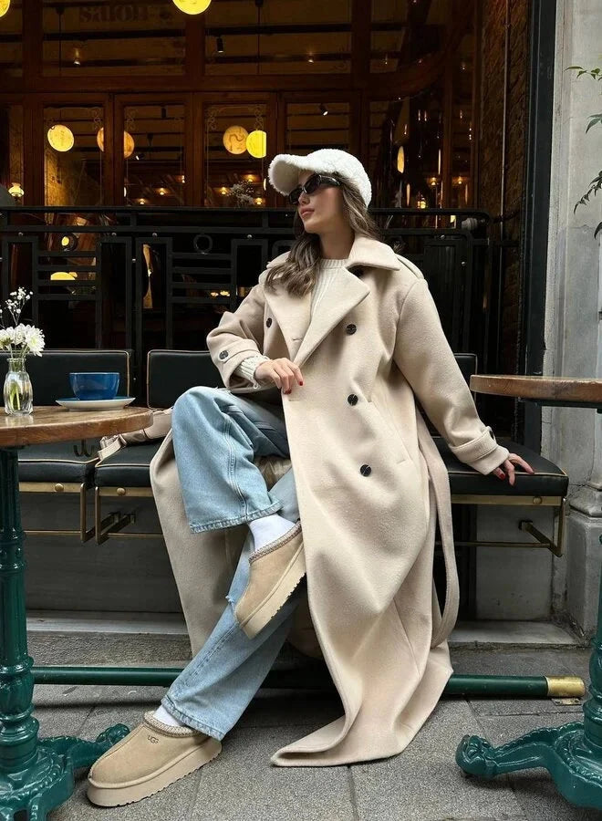 Dames Lange Coat Double-Breasted met Notch Revers