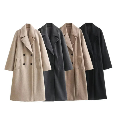 Dames Lange Coat Double-Breasted met Notch Revers