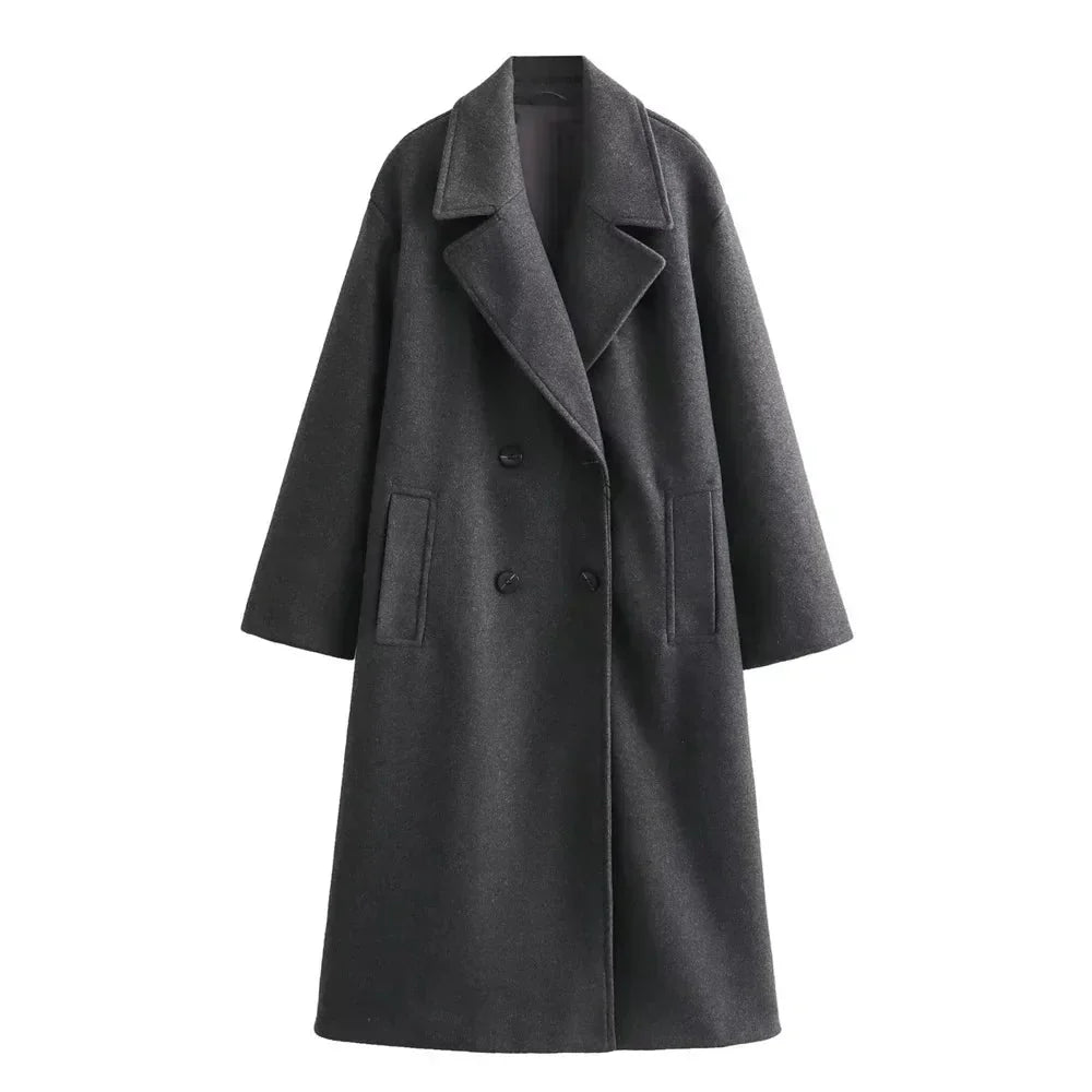 Dames Lange Coat Double-Breasted met Notch Revers