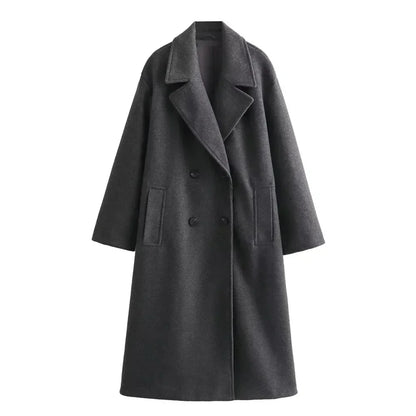 Dames Lange Coat Double-Breasted met Notch Revers