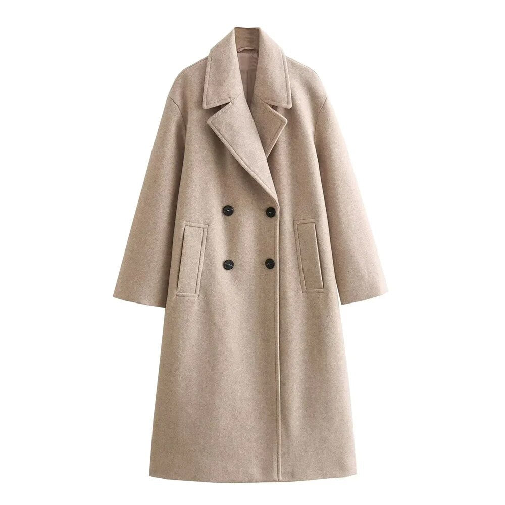 Dames Lange Coat Double-Breasted met Notch Revers