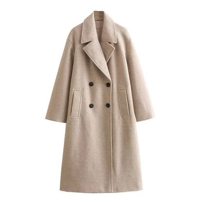 Dames Lange Coat Double-Breasted met Notch Revers