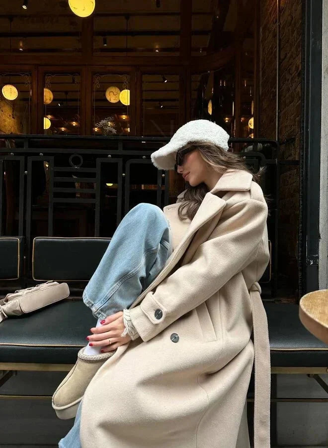 Dames Lange Coat Double-Breasted met Notch Revers