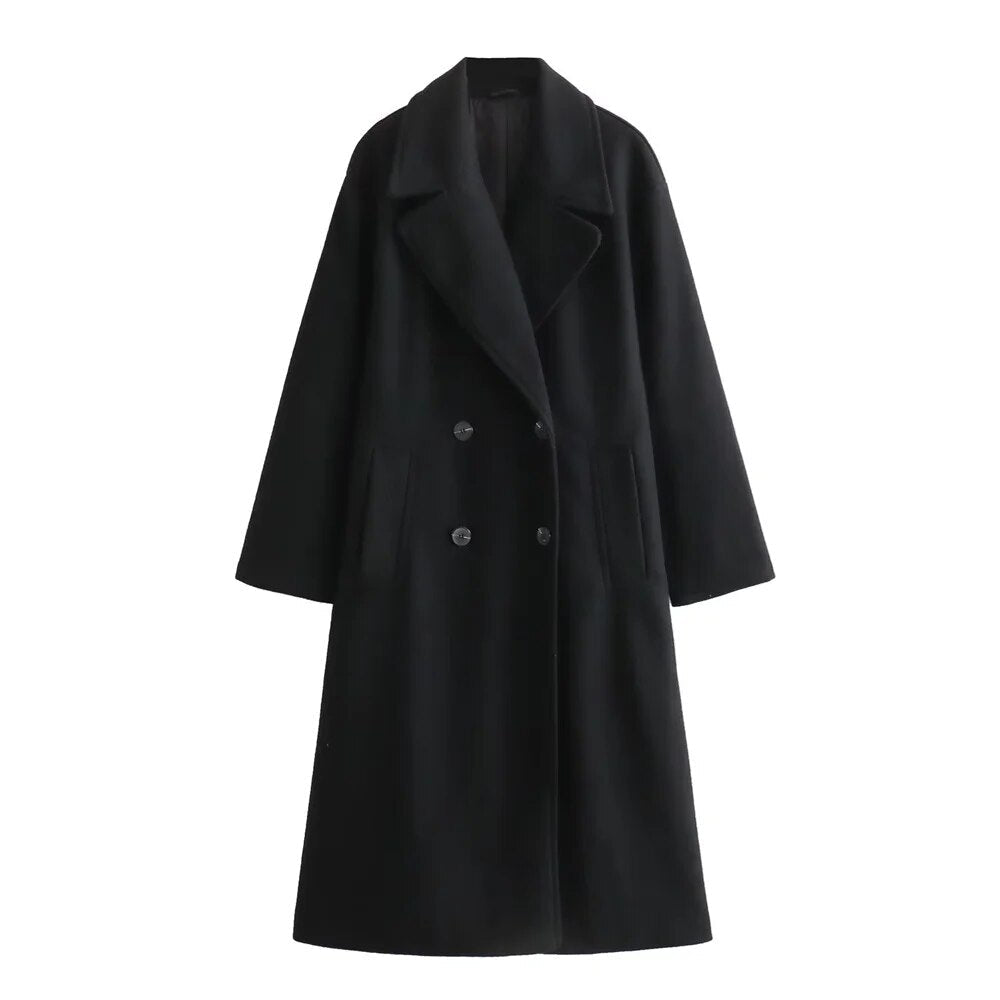 Dames Lange Coat Double-Breasted met Notch Revers