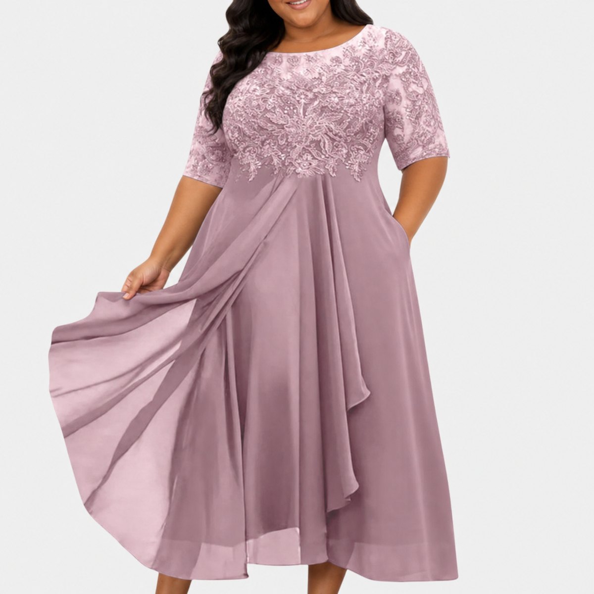 Bruiloft Gast Jurk met Kanten Lijfje en Driekwart Mouwen